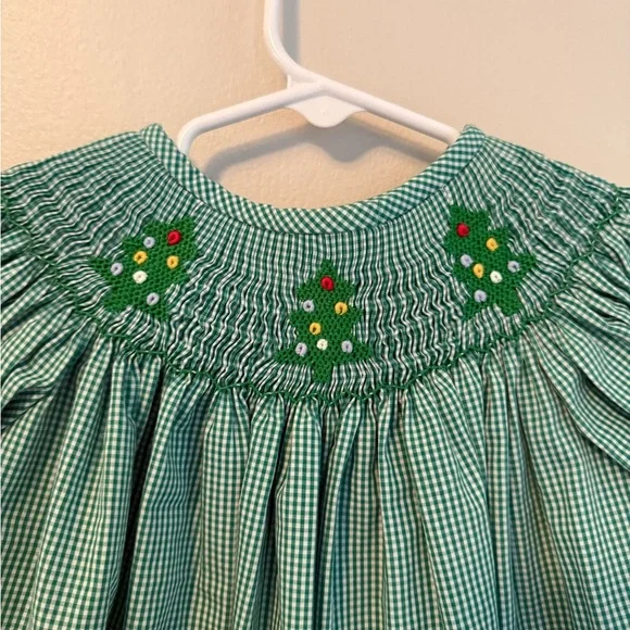Stitchy Fish Green Smocked Christmas Tree Dress - Picture 2 of 4